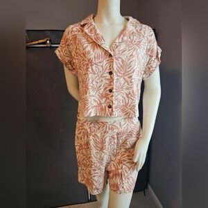 Tropical Co-ord Set, Burnt Orange and White, V-neck Button Down w/ High waisted